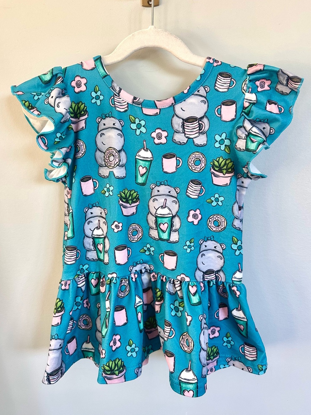 Petite Lucy Girls 4T Teal Hippo Donut Coffee Ruffle Dress Boutique Soft